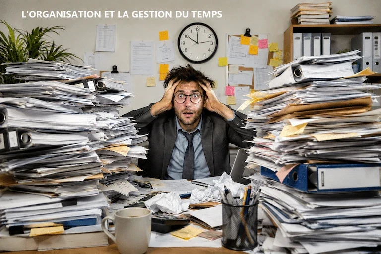 Un homme débordé au milieu de piles de dossiers et d’une horloge