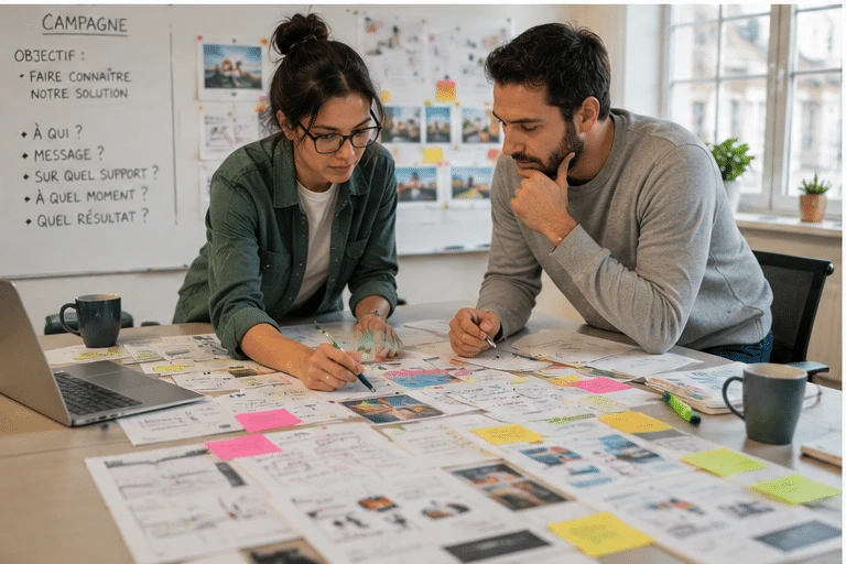 Deux personnes travaillent sur le message et les objectifs d’une campagne publicitaire