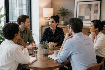 Une femme s’exprime au centre d’un groupe attentif autour d’une table