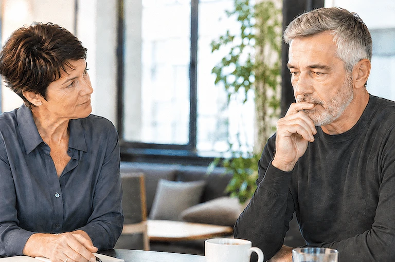 Une femme écoute un homme qui réfléchit pendant une conversation
